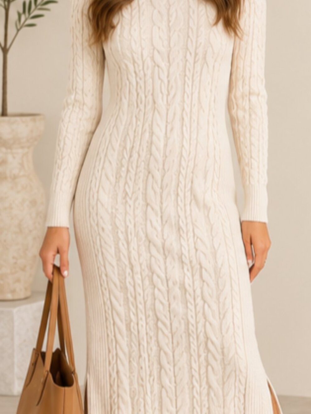Ivory Cable Knit Long Sleeve Midi Sweater Dress M Holiday Christmas New Year's